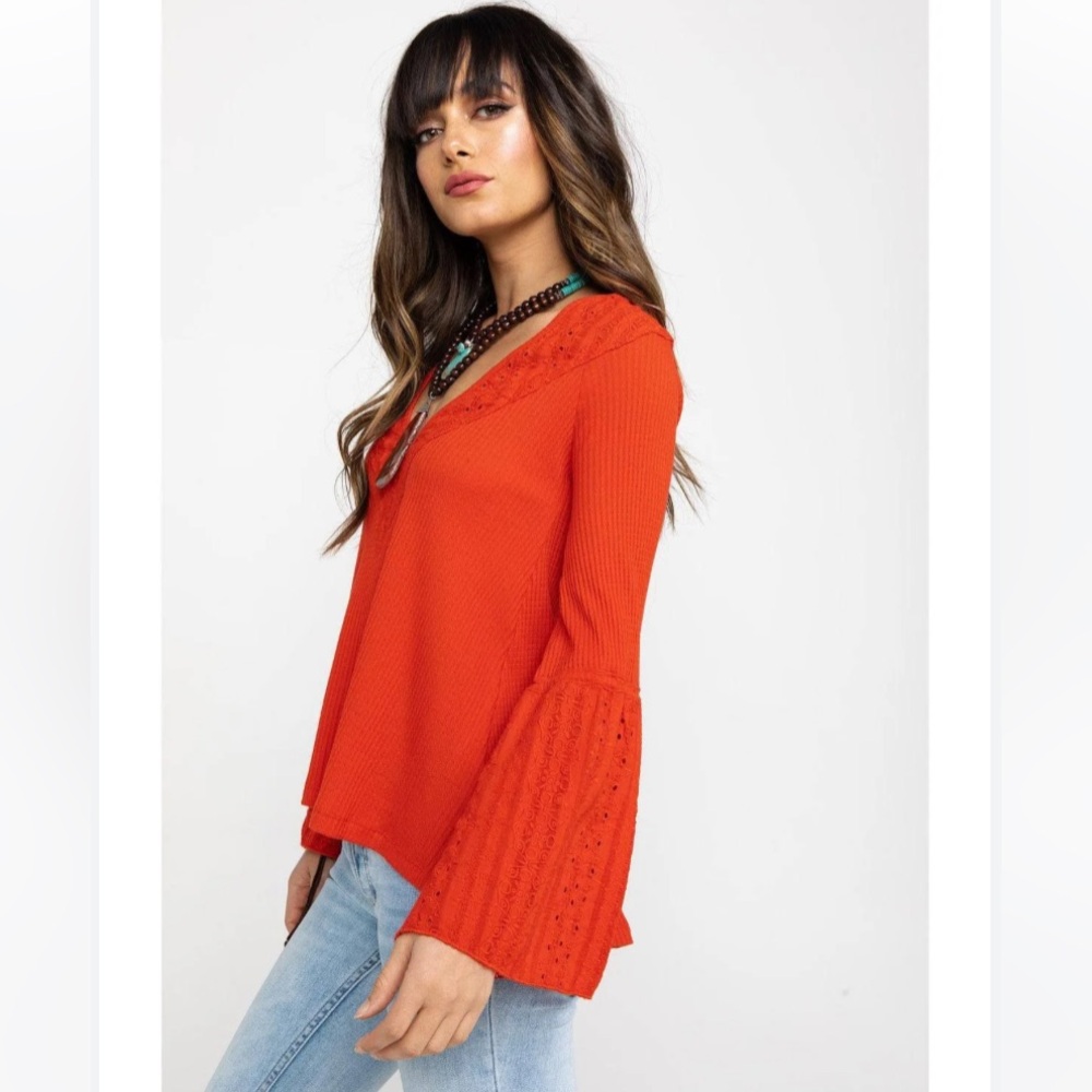 Free People Red Eyelet Lace Wide Bell Sleeve Waffle Knit Thermal Top - Picture 11 of 12